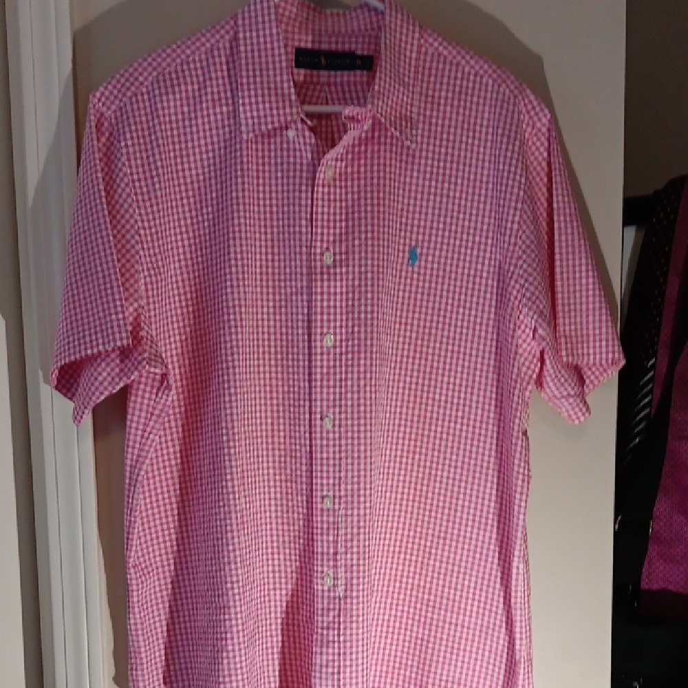 Ralph Lauren Mens XL Pink Gingham Seersucker Short Sleeve Button Down Shirt